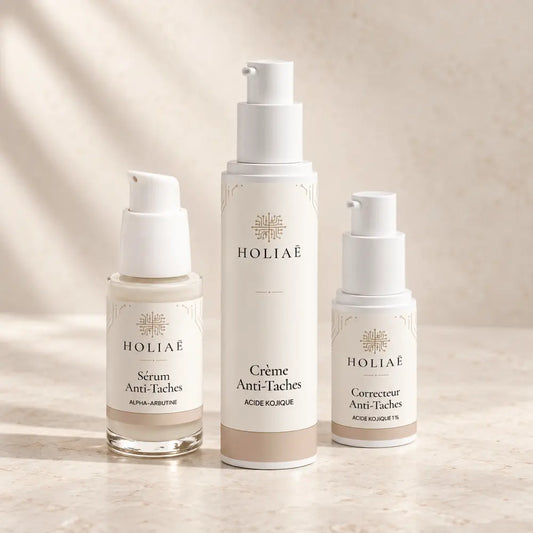 Routine Trio Anti-Taches Intensive HOLIAĒ avec sérum alpha-arbutine, crème et correcteur à l’acide kojique