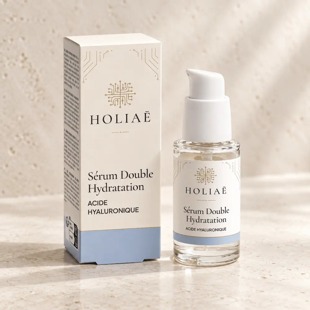 Sérum Acide Hyaluronique Double Hydratation HOLIAĒ avec flacon et étui sur fond ivoire