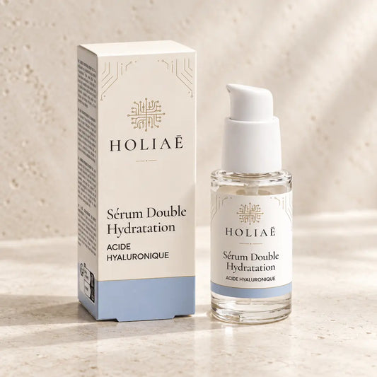Sérum Acide Hyaluronique Double Hydratation HOLIAĒ avec flacon et étui sur fond ivoire