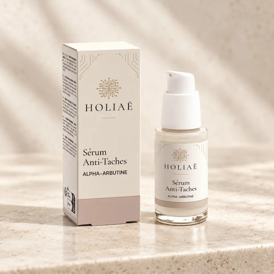 Sérum Anti-Taches à l’Alpha-Arbutine HOLIAĒ avec flacon et étui sur fond ivoire