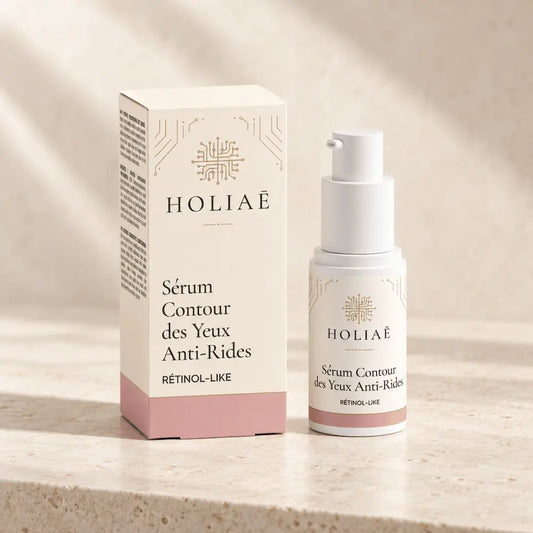 Sérum Contour des Yeux Anti-Rides Rétinol-Like HOLIAĒ avec flacon et étui sur fond ivoire