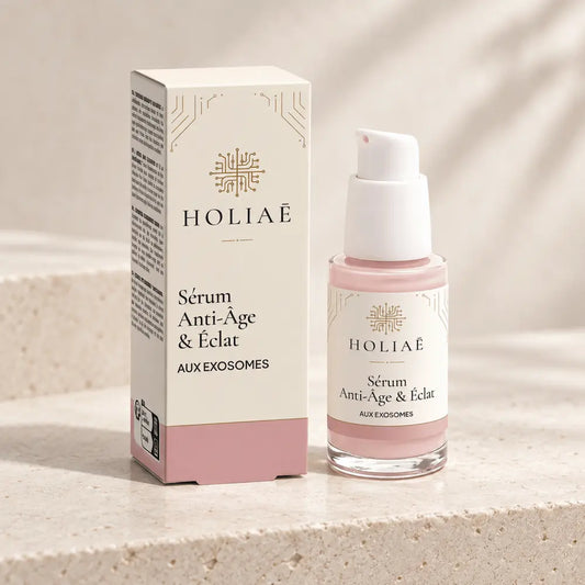 Sérum Exosomes Anti-Âge & Éclat HOLIAĒ présenté en packshot premium sur fond ivoire