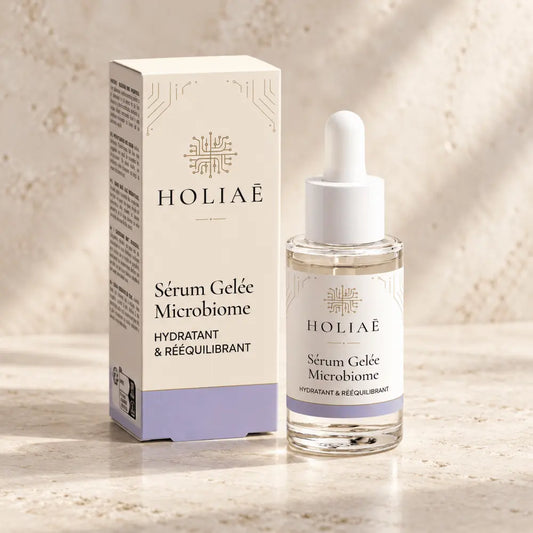 Sérum Microbiome Hydratant & Rééquilibrant HOLIAĒ avec flacon et étui sur fond ivoire