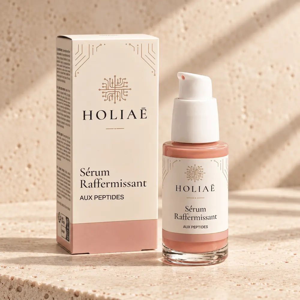 Sérum Raffermissant aux Peptides HOLIAĒ avec flacon et étui sur fond ivoire