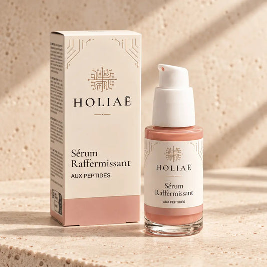 Sérum Raffermissant aux Peptides HOLIAĒ avec flacon et étui sur fond ivoire