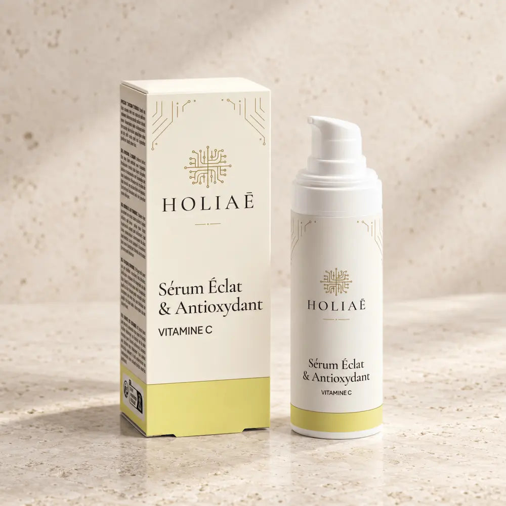 Sérum Vitamine C Éclat & Antioxydant HOLIAĒ avec flacon et étui sur fond ivoire
