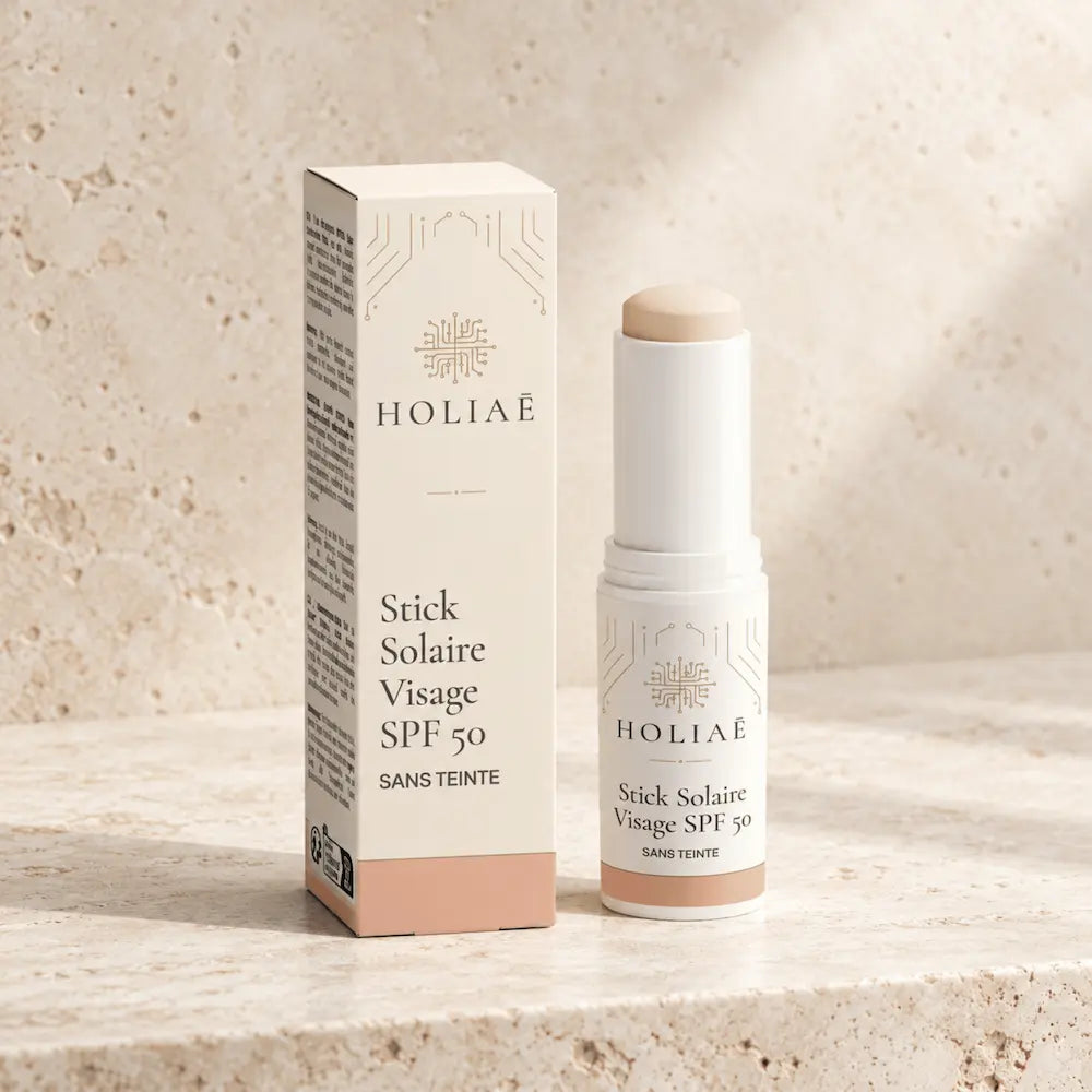 Stick Solaire Visage SPF50 Sans Teinte HOLIAĒ avec étui sur fond ivoire