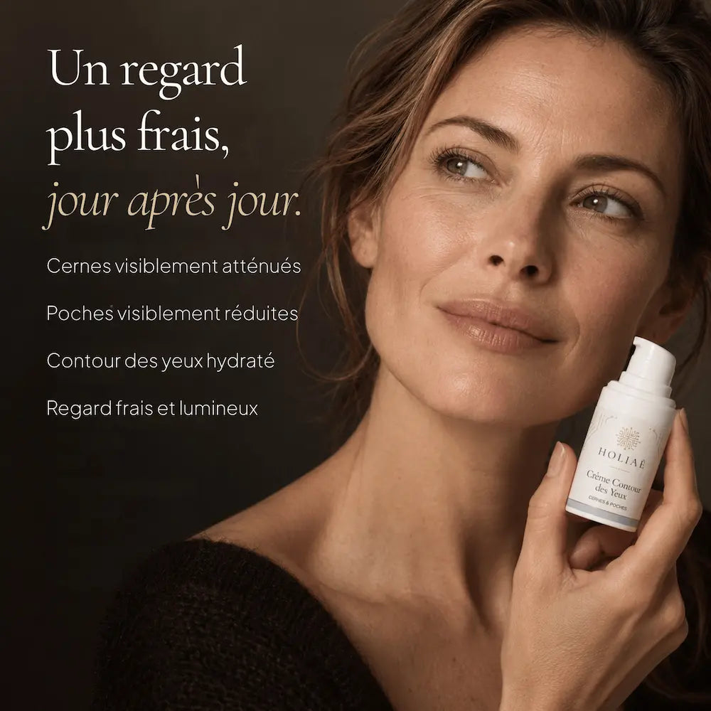 Femme avec la Crème Contour des Yeux Anti-Cernes & Poches HOLIAĒ pour cernes, poches et hydratation du regard