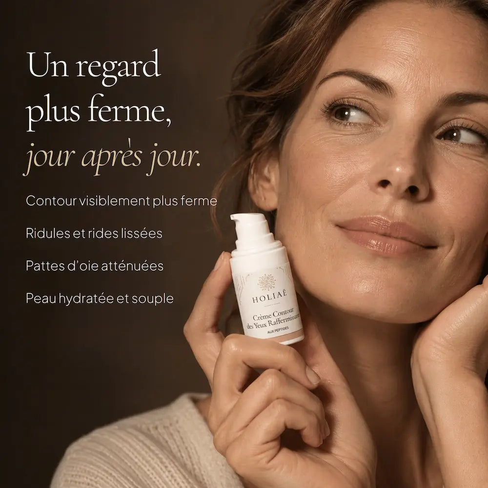 Femme avec la Crème Contour des Yeux aux Peptides HOLIAĒ pour ridules, pattes d’oie, hydratation et fermeté du regard