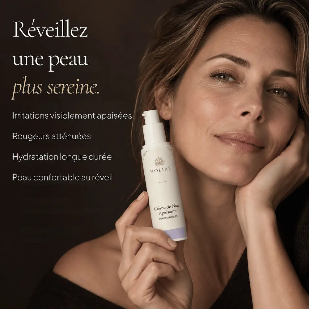 Femme avec la Crème de Nuit Apaisante HOLIAĒ pour hydratation, rougeurs et inconfort des peaux sensibles