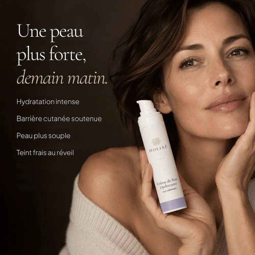 Femme avec la Crème de Nuit Visage aux Céramides HOLIAĒ pour hydratation, nutrition et soutien de la barrière cutanée