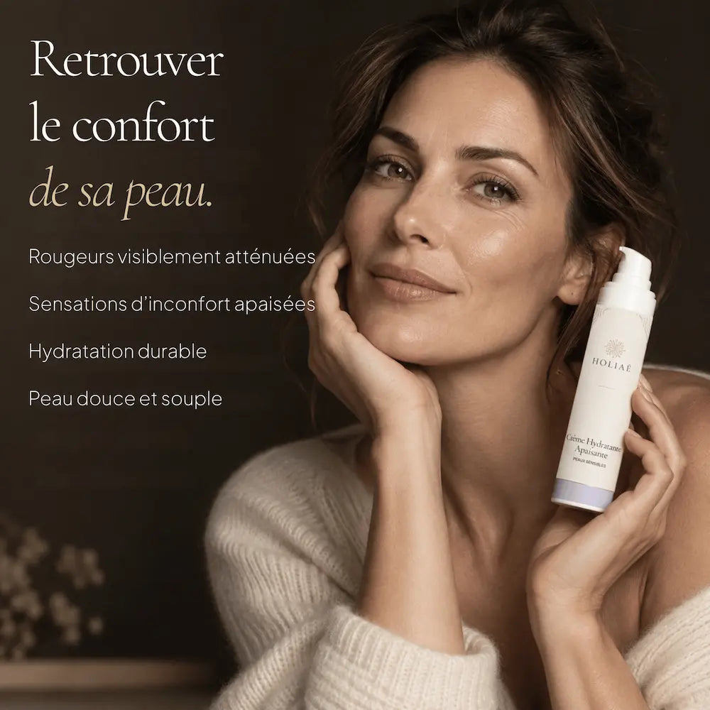 Femme avec la Crème Hydratante Apaisante HOLIAĒ pour hydratation, inconfort et rougeurs des peaux sensibles