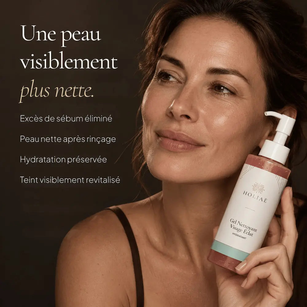 Femme avec le Gel Nettoyant Visage Hydratant & Éclat HOLIAĒ pour nettoyer, rafraîchir et préserver le confort de la peau