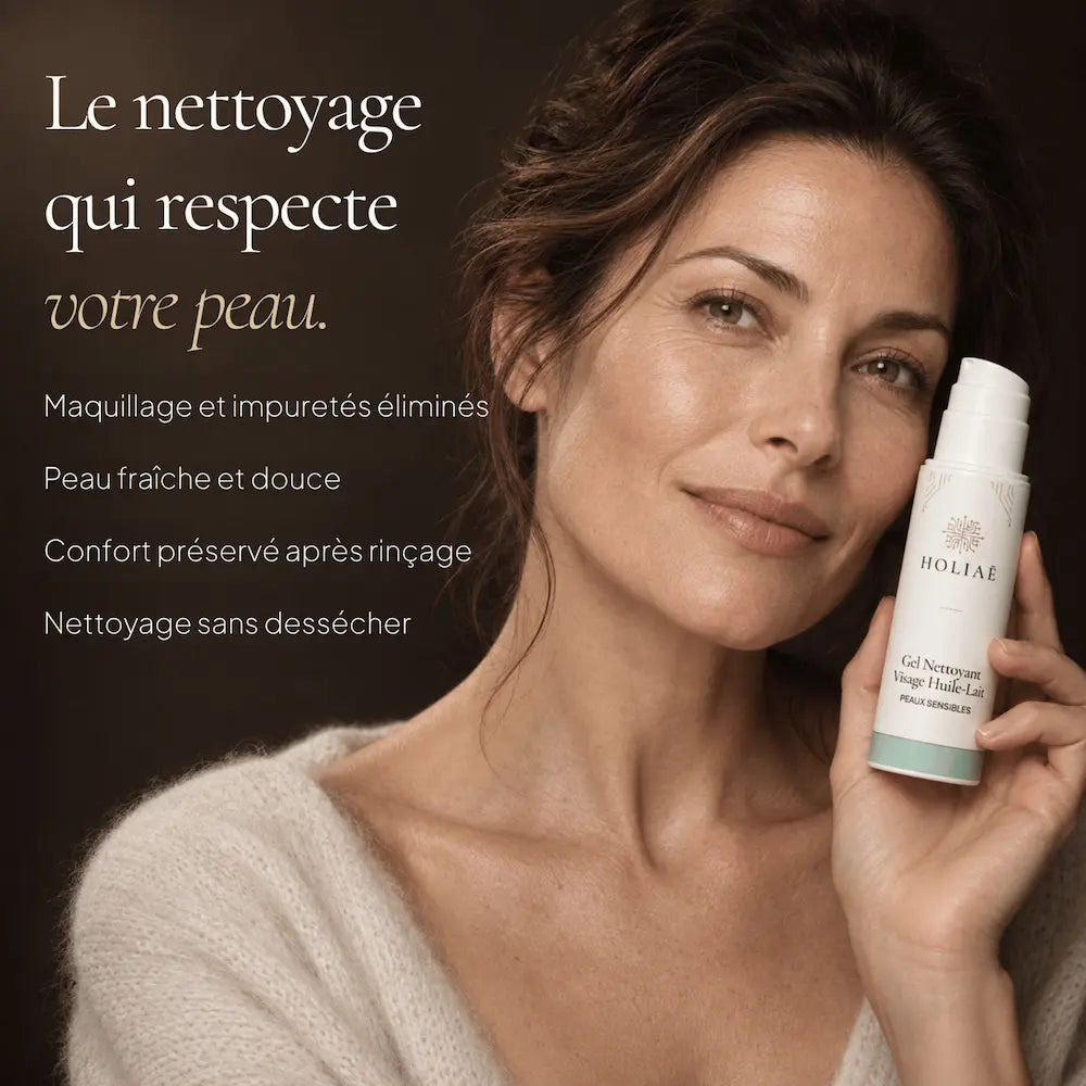 Femme avec le Gel Nettoyant Huile-Lait HOLIAĒ pour nettoyer et démaquiller les peaux sensibles sans dessécher