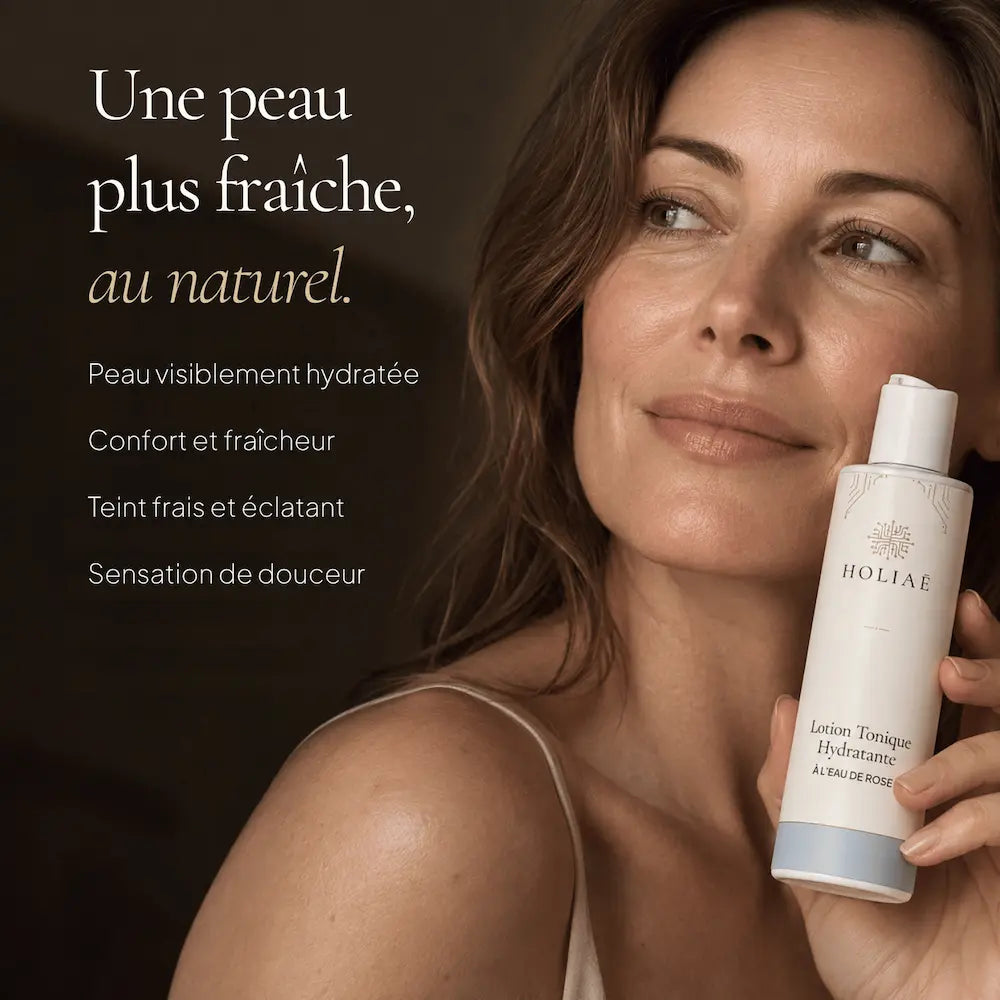 Femme avec la Lotion Tonique Hydratante à l’Eau de Rose HOLIAĒ pour fraîcheur, hydratation et confort de la peau