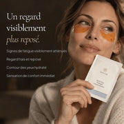 Femme avec les Patchs Yeux Hydrogel Défatigants HOLIAĒ pour hydrater et rafraîchir le regard fatigué