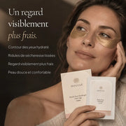Femme avec les Patchs Yeux Hydrogel Hydratants & Lissants HOLIAĒ pour hydratation, ridules et fraîcheur du regard