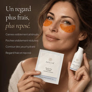 Femme avec la routine Anti-Cernes et Fatigue HOLIAĒ pour cernes, poches, hydratation et fraîcheur du regard