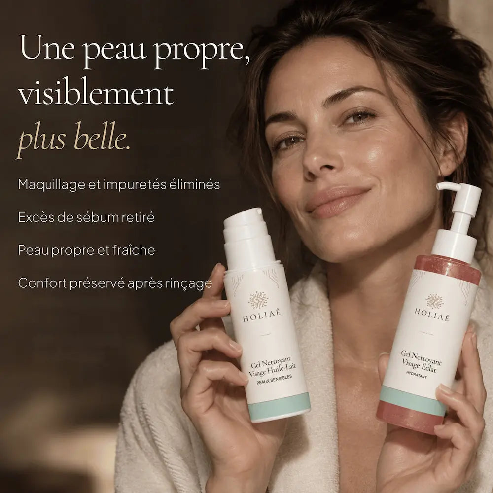 Femme avec la routine Double Nettoyage HOLIAĒ pour démaquiller, nettoyer et préserver le confort de la peau