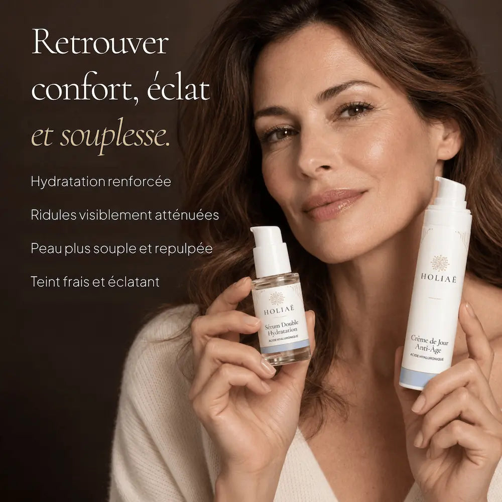 Femme avec la routine Peau Déshydratée HOLIAĒ pour hydratation, ridules, souplesse et éclat