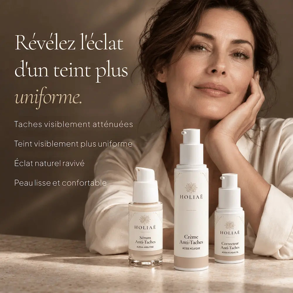 Femme avec la routine Anti-Taches Intensive HOLIAĒ pour taches pigmentaires et teint plus uniforme