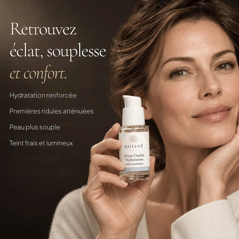Femme avec le Sérum Acide Hyaluronique Double Hydratation HOLIAĒ pour hydratation, souplesse et premières ridules
