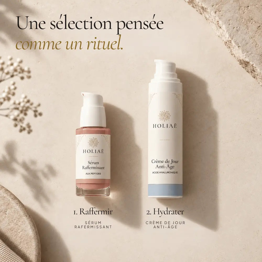 Sérum raffermissant aux peptides et crème de jour anti-âge du Coffret Anti-Âge Essentiels HOLIAĒ