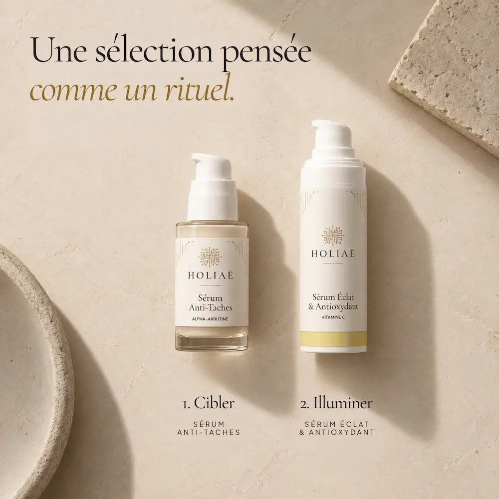 Sérum anti-taches à l’alpha-arbutine et sérum vitamine C du coffret HOLIAĒ