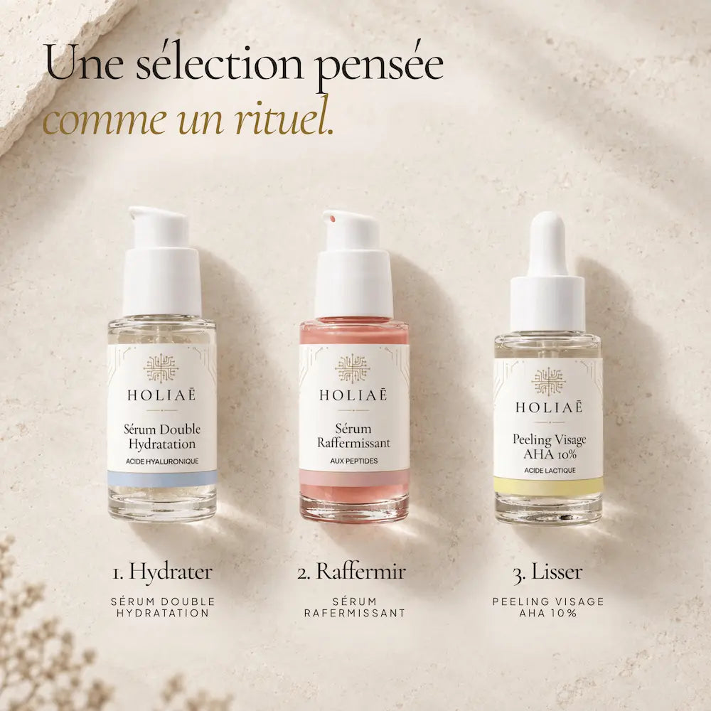 Sérum acide hyaluronique, sérum aux peptides et peeling AHA du Coffret Peau Mature HOLIAĒ