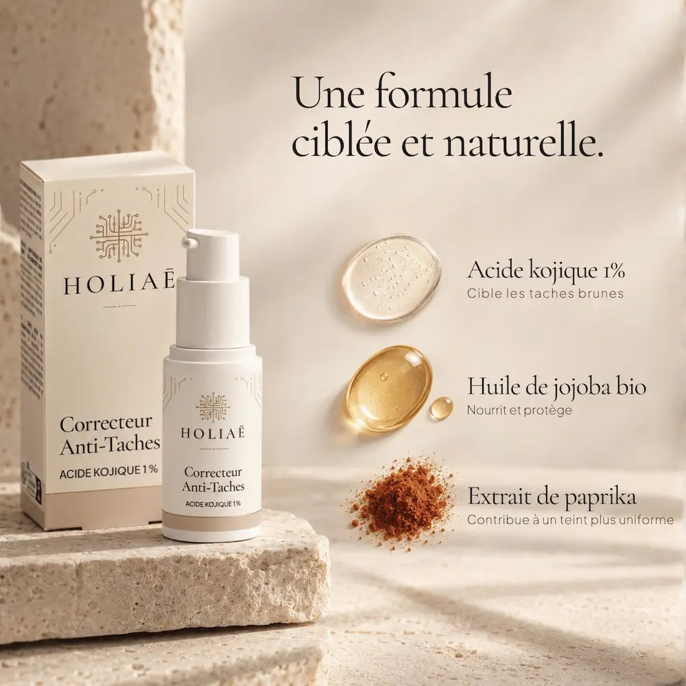 Correcteur HOLIAĒ avec acide kojique 1 %, bétaïne et actifs hydratants présentés autour du produit