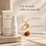 Correcteur HOLIAĒ avec acide kojique 1 %, bétaïne et actifs hydratants présentés autour du produit