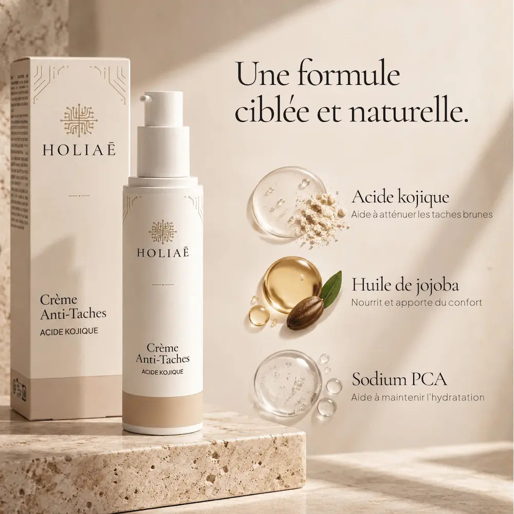 Crème Anti-Taches HOLIAĒ avec acide kojique, bétaïne et vitamines C et E présentés autour du produit