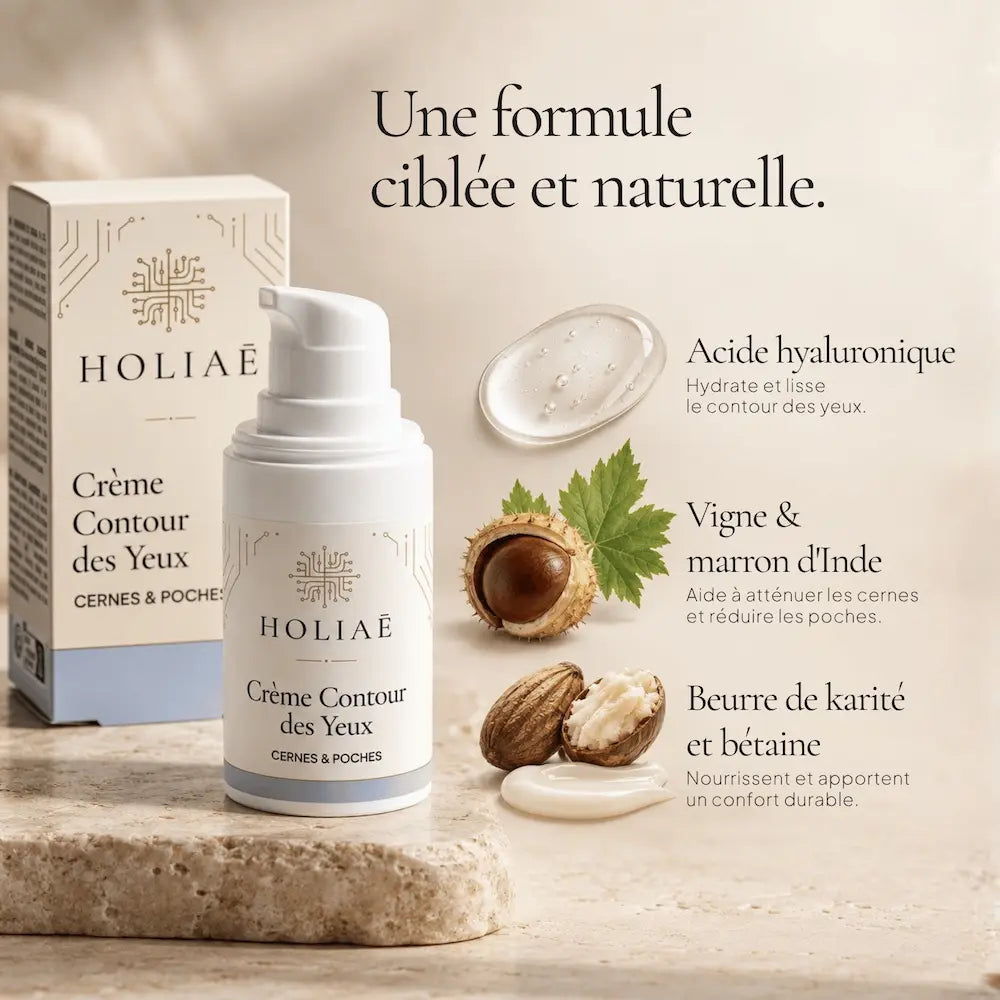 Crème Contour des Yeux HOLIAĒ avec extraits de vigne, marron d’Inde, ginkgo et acide hyaluronique