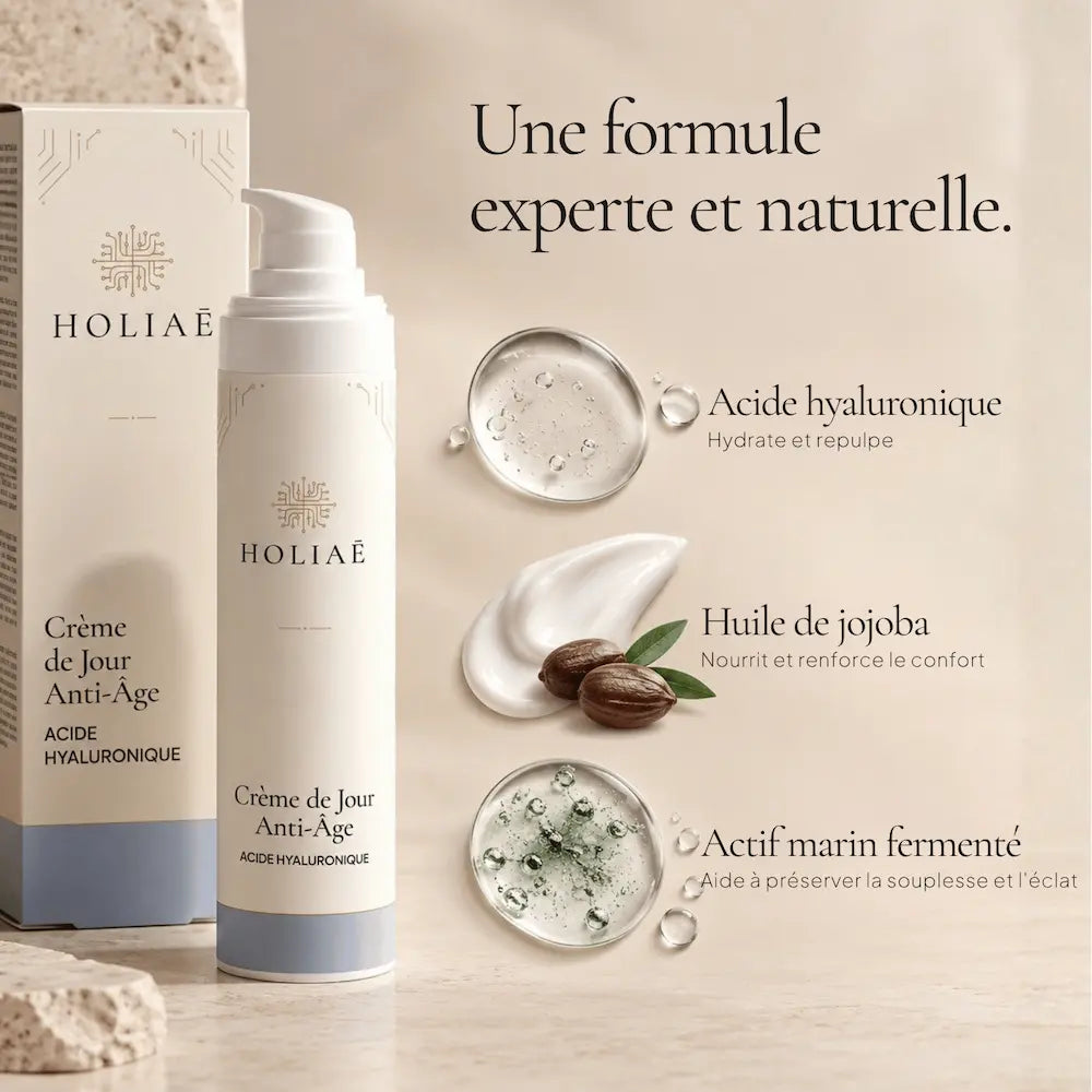 Crème de Jour Anti-Âge HOLIAĒ avec acide hyaluronique, aloe vera, bétaïne et beurre de karité