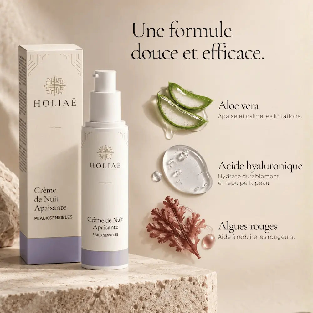 Crème de Nuit Apaisante HOLIAĒ avec aloe vera, acide hyaluronique, jojoba et extrait d’algue rouge
