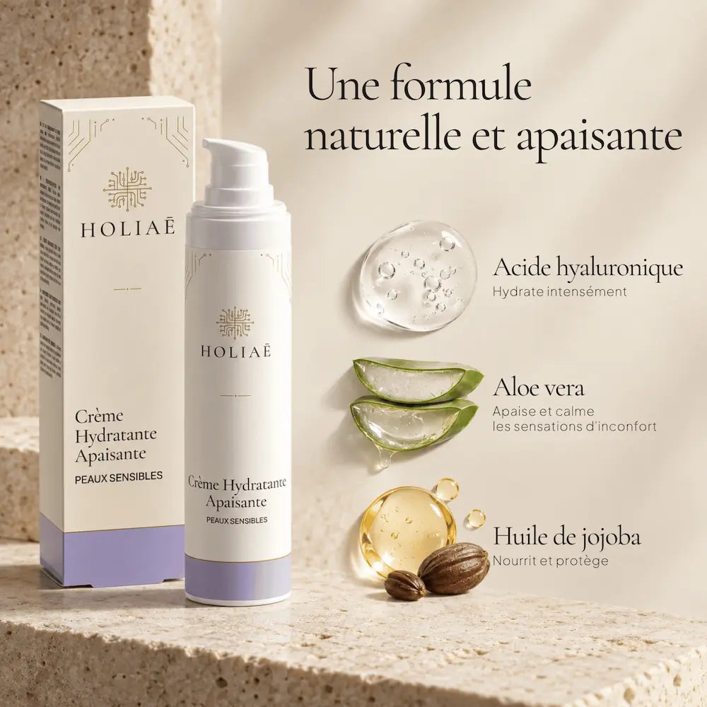 Crème Hydratante Apaisante HOLIAĒ avec aloe vera, acide hyaluronique, Sodium PCA et huile de jojoba