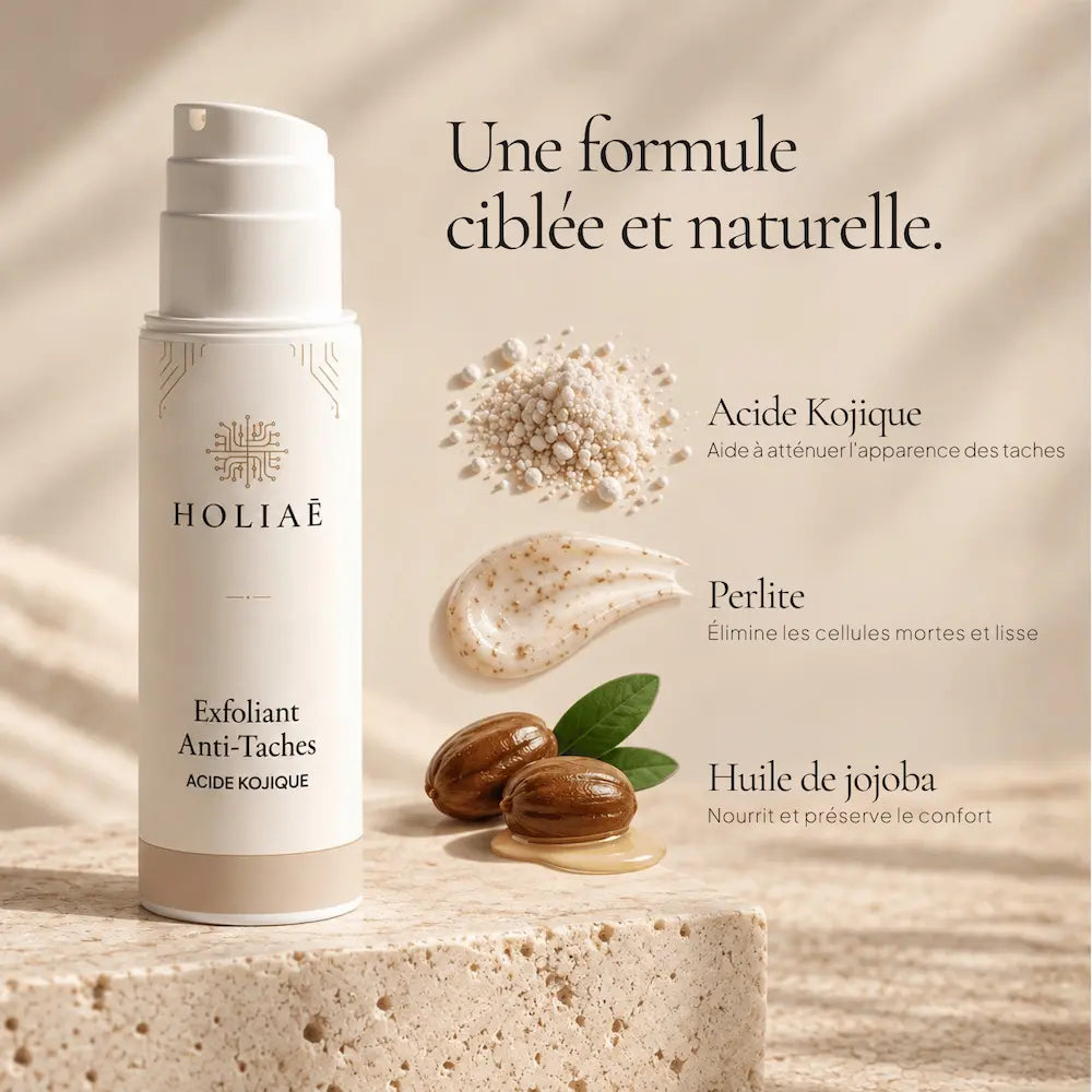 Exfoliant Anti-Taches HOLIAĒ avec acide kojique, perlite et beurre de karité présentés autour du produit