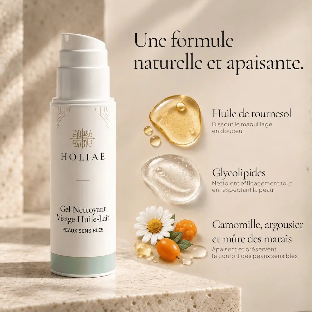 Gel Nettoyant Huile-Lait HOLIAĒ avec huile de tournesol, glycérine, glycolipides et extraits végétaux