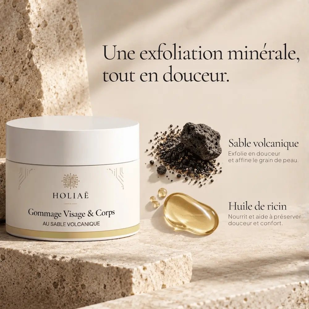 Gommage Visage & Corps HOLIAĒ avec sable volcanique, kaolin, glycérine et huile de ricin hydrogénée