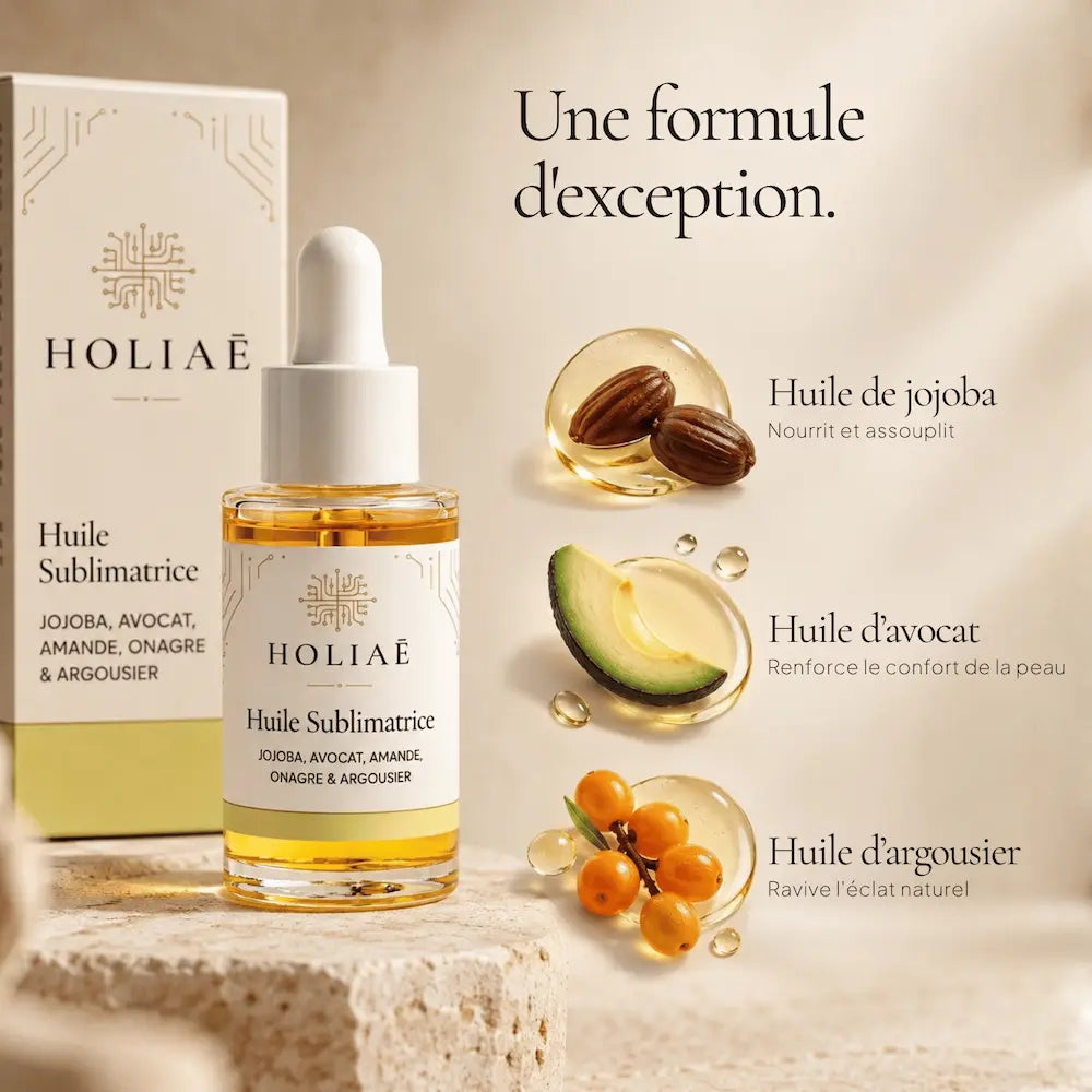Huile Visage HOLIAĒ avec huiles de jojoba, argousier, avocat et autres huiles végétales nourrissantes