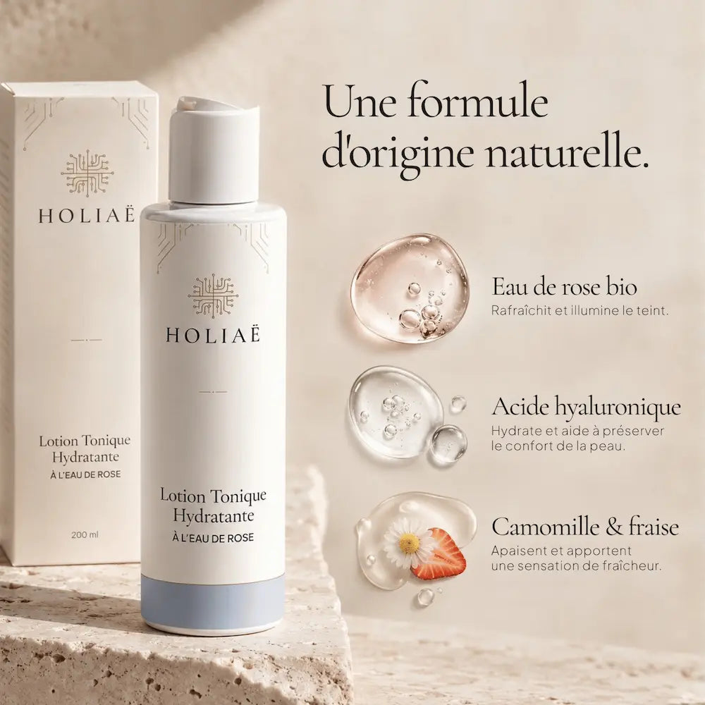 Lotion Tonique HOLIAĒ avec eau de rose biologique, acide hyaluronique, camomille et Sodium PCA