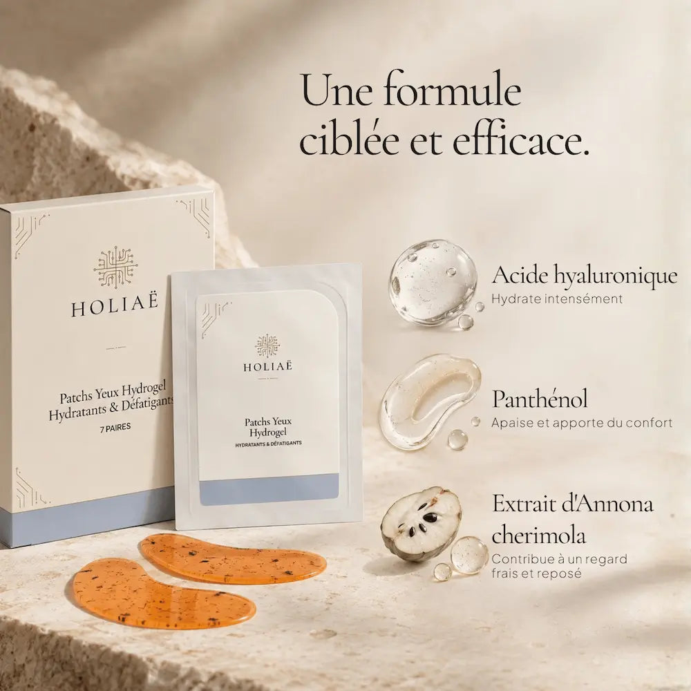 Patchs Yeux Hydrogel Défatigants HOLIAĒ avec panthénol, acide hyaluronique et extraits végétaux