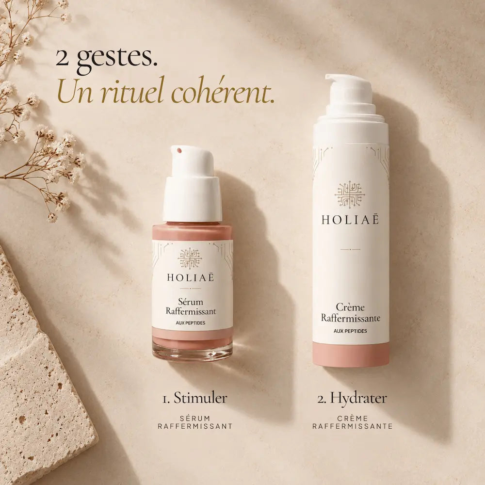 Sérum et crème raffermissants aux peptides HOLIAĒ présentés comme deux soins complémentaires