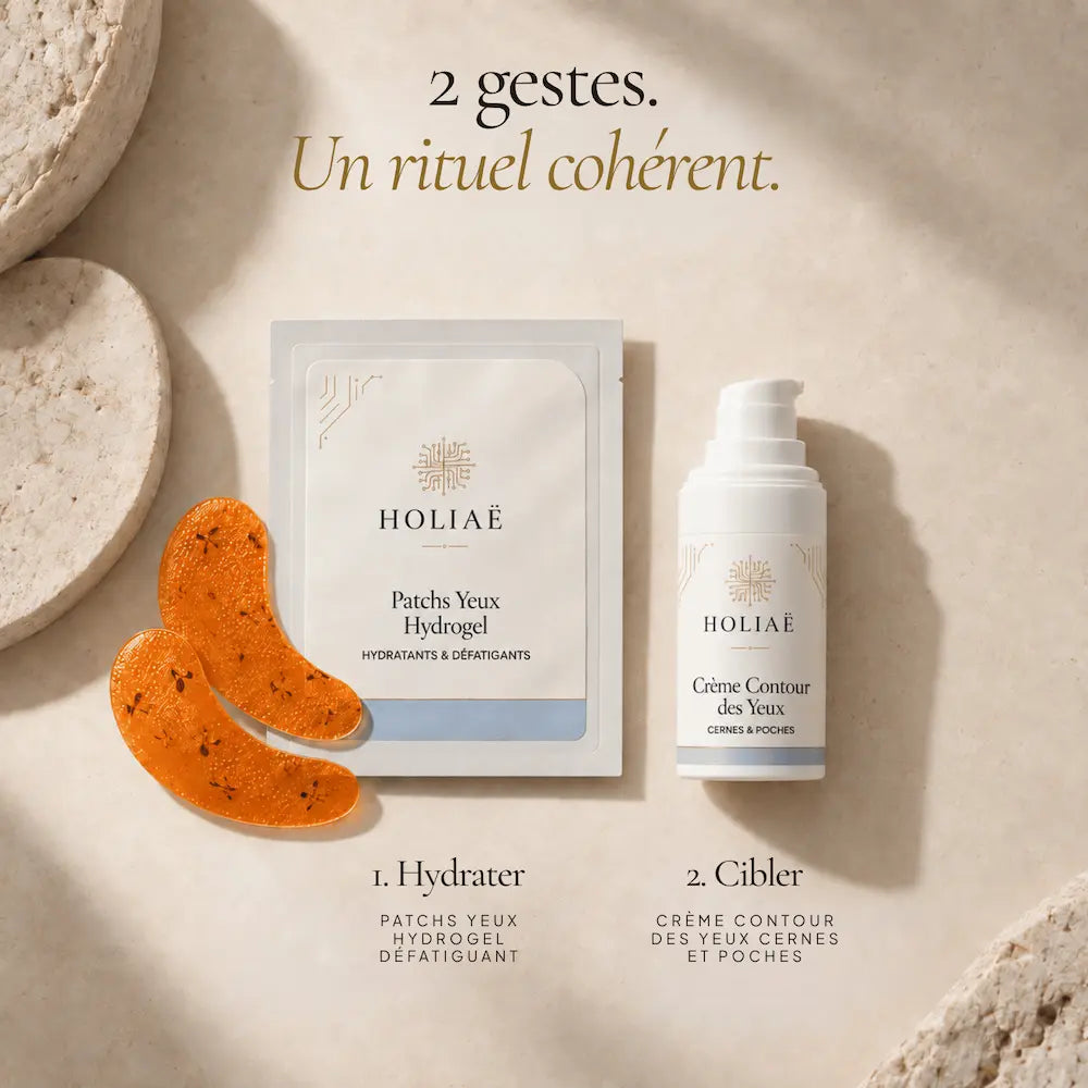 Crème contour des yeux et patchs hydrogel HOLIAĒ présentés comme deux soins complémentaires