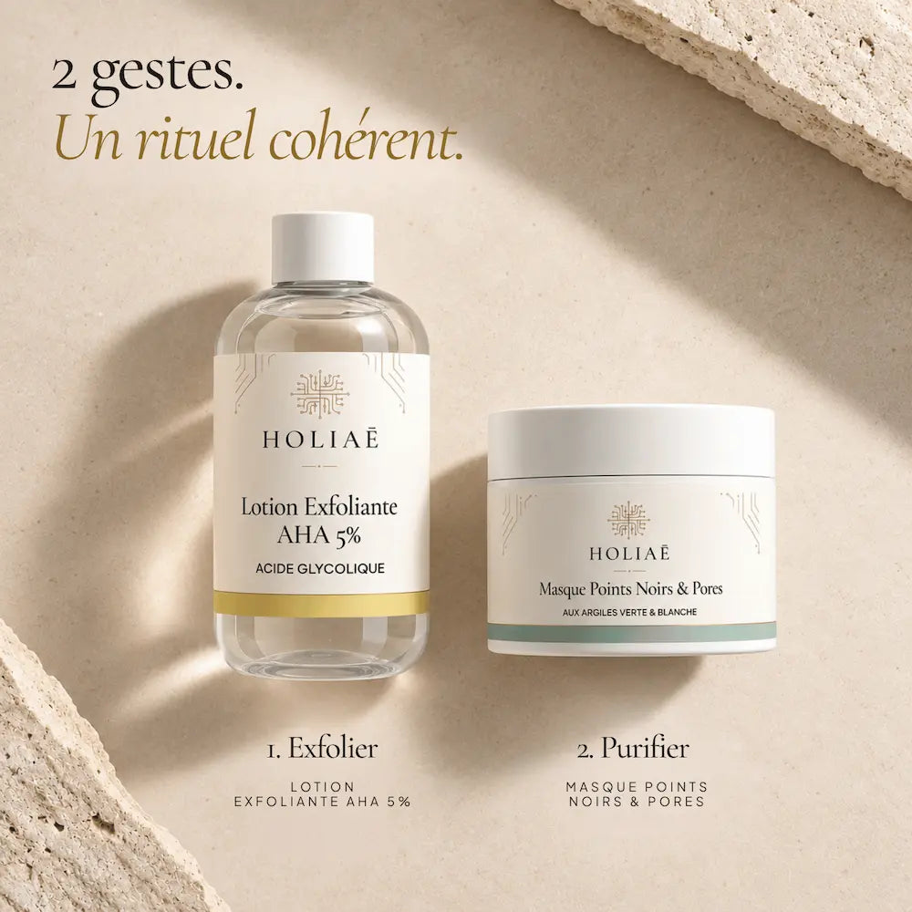 Lotion exfoliante AHA 5 % et masque aux argiles HOLIAĒ présentés comme soins complémentaires