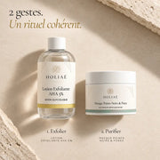 Lotion exfoliante AHA 5 % et masque aux argiles HOLIAĒ présentés comme soins complémentaires