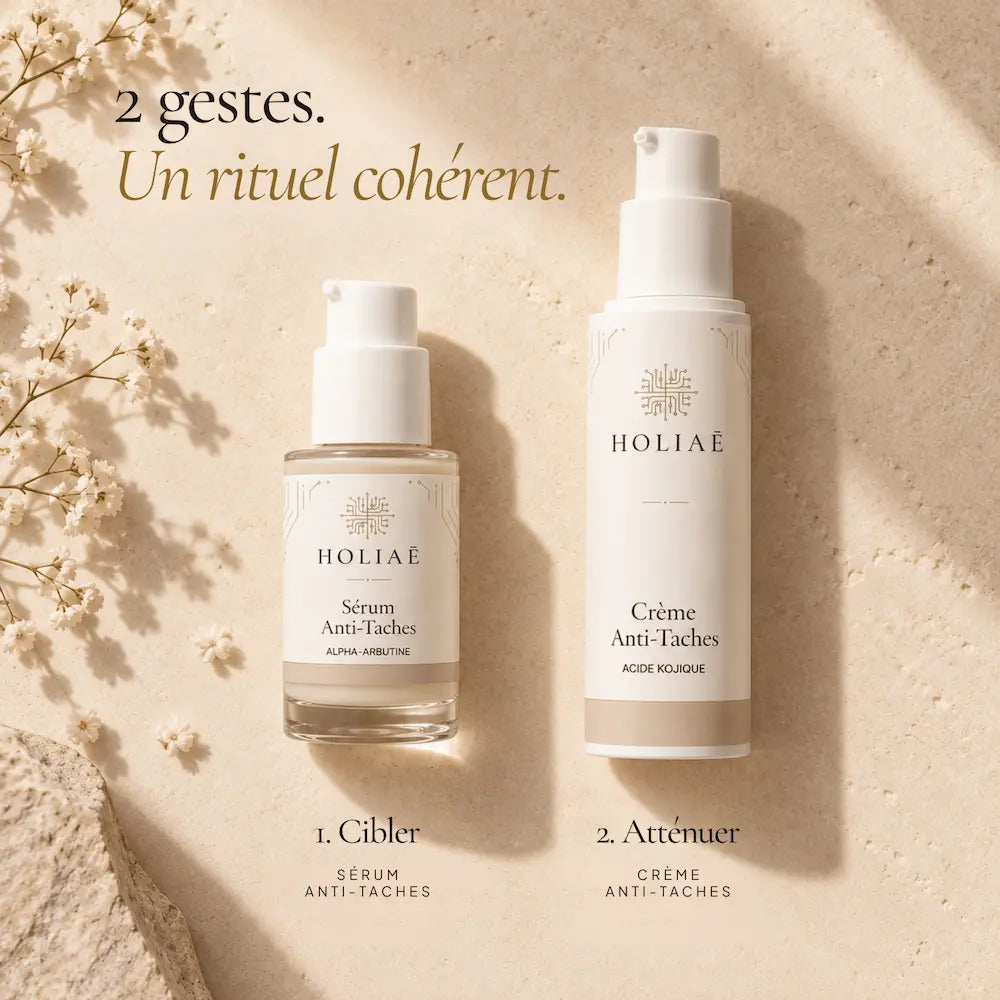 Sérum à l’alpha-arbutine et crème à l’acide kojique HOLIAĒ présentés comme soins anti-taches complémentaires