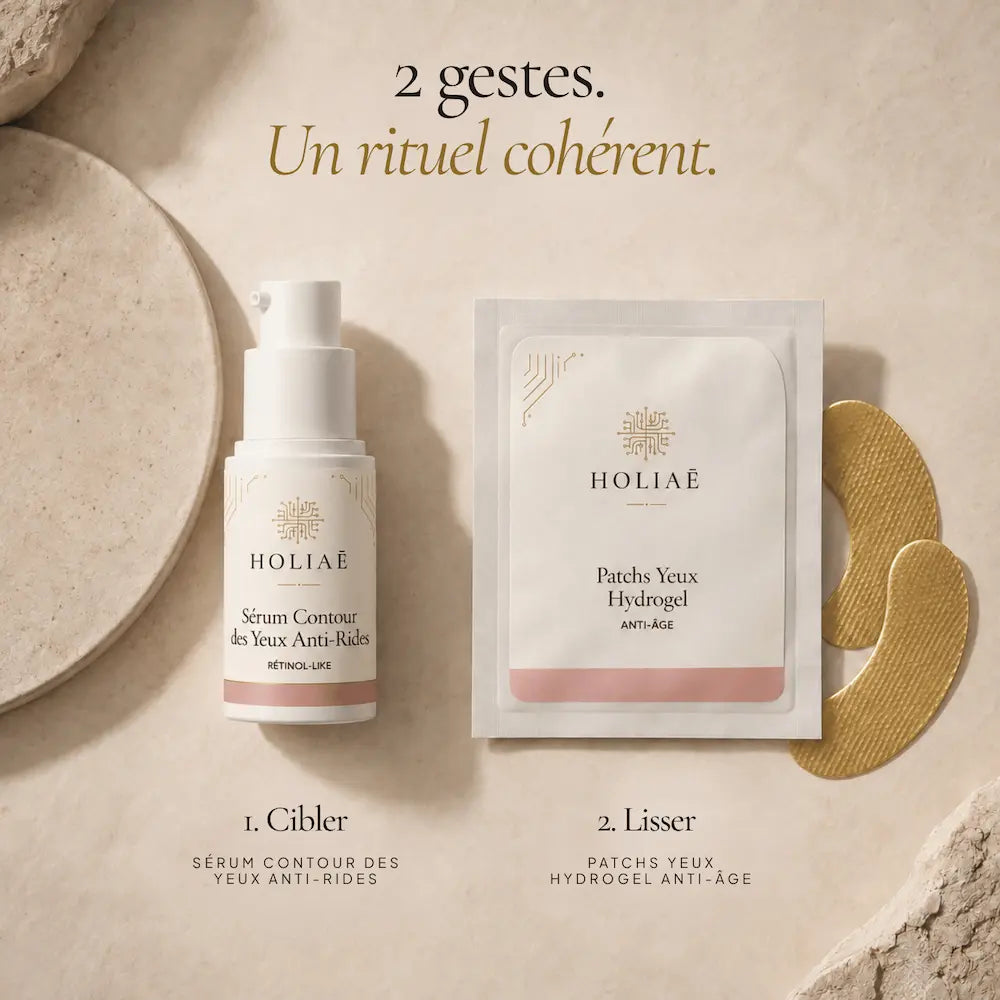 Sérum contour des yeux Rétinol-Like et patchs hydrogel HOLIAĒ présentés comme soins complémentaires