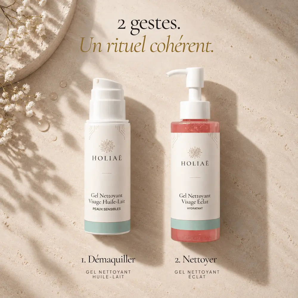 Nettoyant huile-lait et gel nettoyant HOLIAĒ présentés comme les deux étapes du double nettoyage