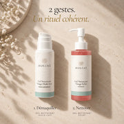 Nettoyant huile-lait et gel nettoyant HOLIAĒ présentés comme les deux étapes du double nettoyage